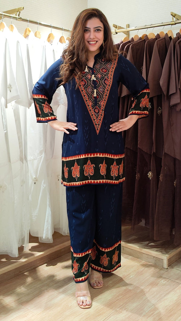 Deep Blue V-Neck Border Coord Set