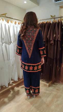 Deep Blue V-Neck Border Coord Set - view 5