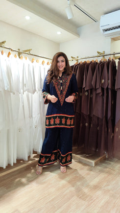 Deep Blue V-Neck Border Coord Set - view 6