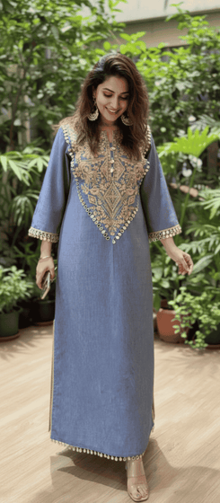 Denim Gold Kaftan Dress - view 14