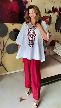 Embroidery White Maroon Farshi Salwar Without Handbag - view 10