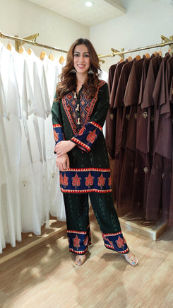 Emerald Green V-Neck Border Coord Set - view 3