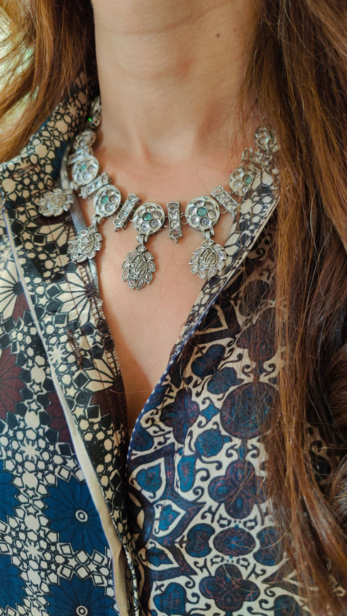 Ethnic Silver Look Statement Necklace