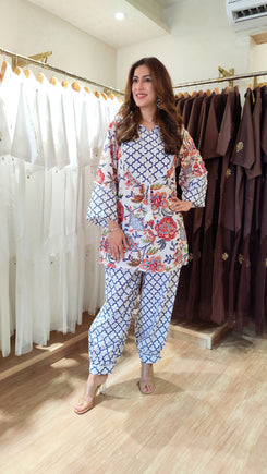 Floral Blue Hand Block Kurta Pant Set - view 3