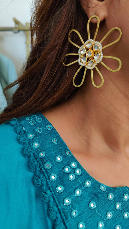 Floral Brass Gold Earrings for Women - view 11