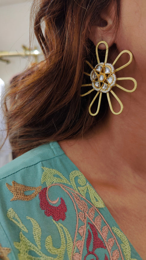 Floral Brass Gold Earrings for Women - view 12