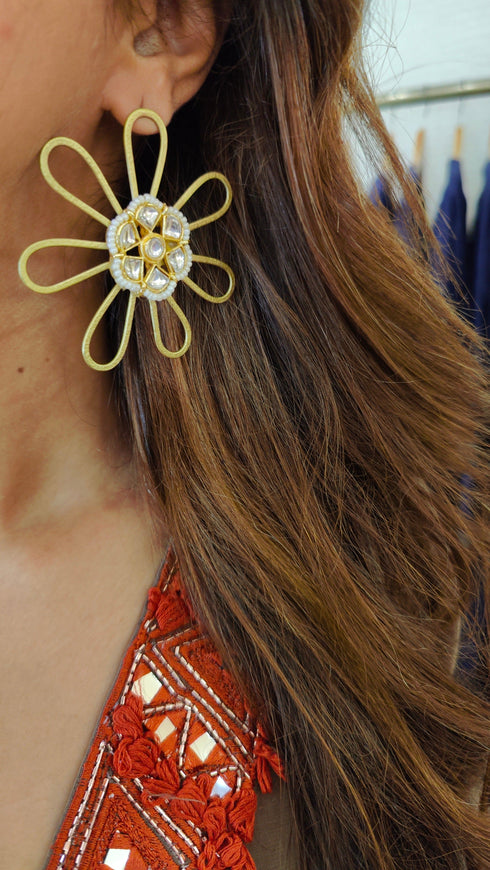 Floral Brass Gold Earrings for Women - view 2