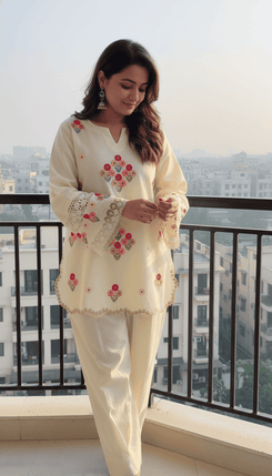 Floral Cream Embroidered Kurta Set - view 3