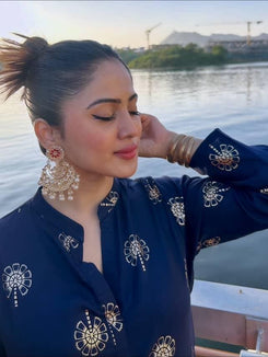Gold Blue Short Kurta with Dhoti Skirt - view 16