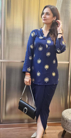 Gold Blue Short Kurta with Dhoti Skirt - view 3