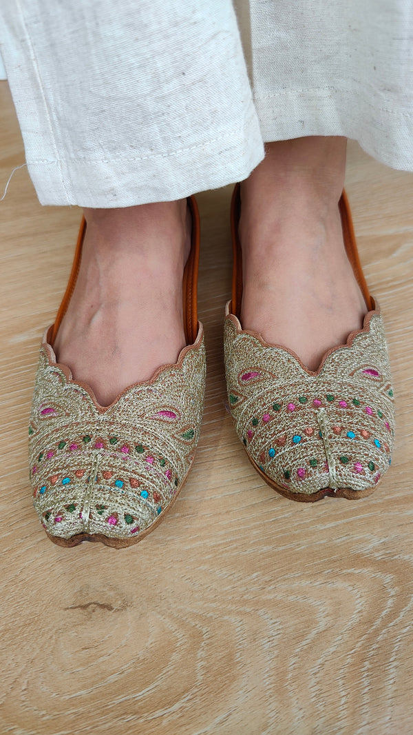 Gold Tilla & Multi-Color Aari Embroidered Pure Leather Juttis