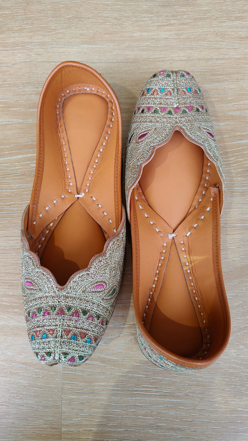Gold Tilla & Multi-Color Aari Embroidered Pure Leather Juttis - view 5
