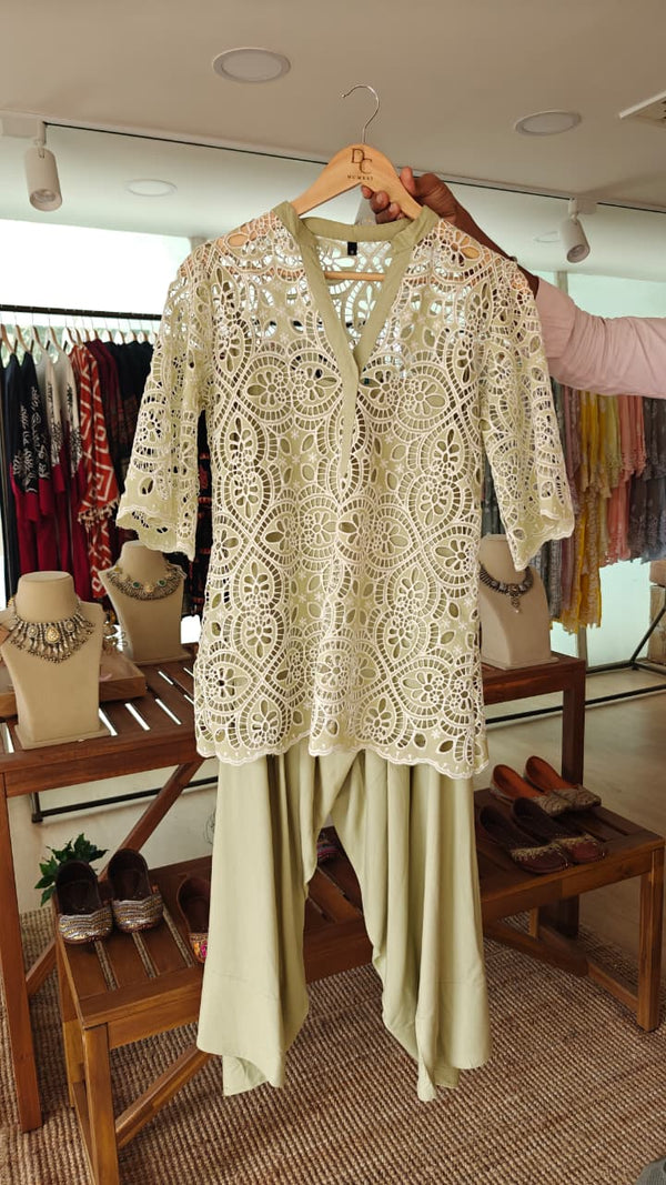 Green Cutwork Kurta with Farshi and Singlet