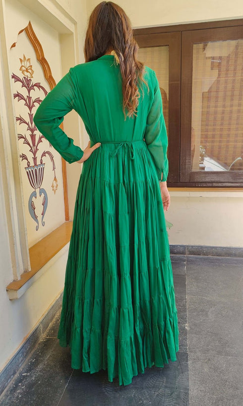 Green Ghera Dress With Neckpiece