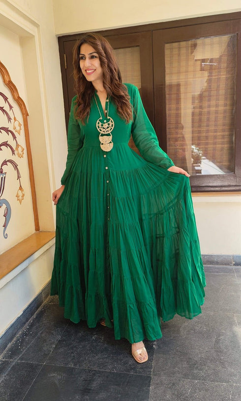 Green Ghera Dress With Neckpiece