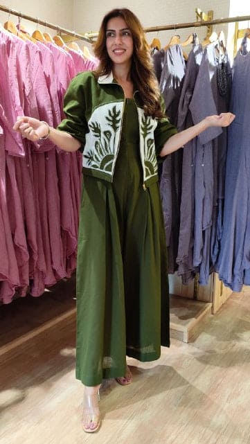 Green Jumpsuit with Applique Bomber Jacket