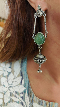Green Oxidised Silver Dangler Earrings - view 2