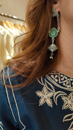 Green Oxidised Silver Dangler Earrings - view 5