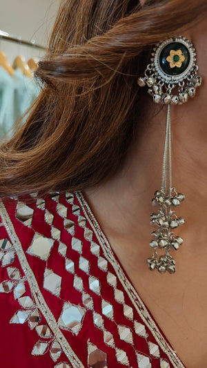 Green Silver Long Kashmiri Earrings