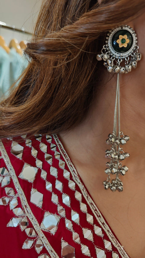 Green Silver Long Kashmiri Earrings