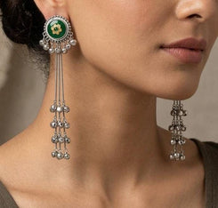 Green Silver Long Kashmiri Earrings - view 3