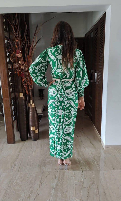 Green White Dress with Belt