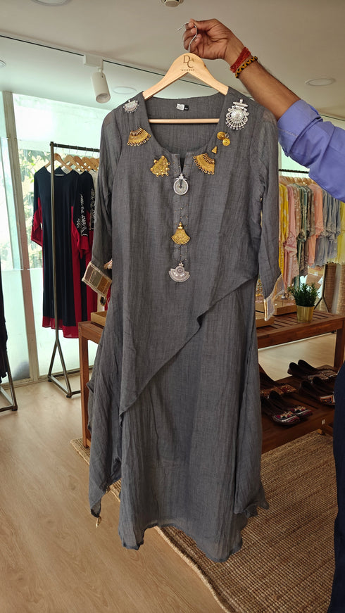 Grey Metal Linen Drape Dress