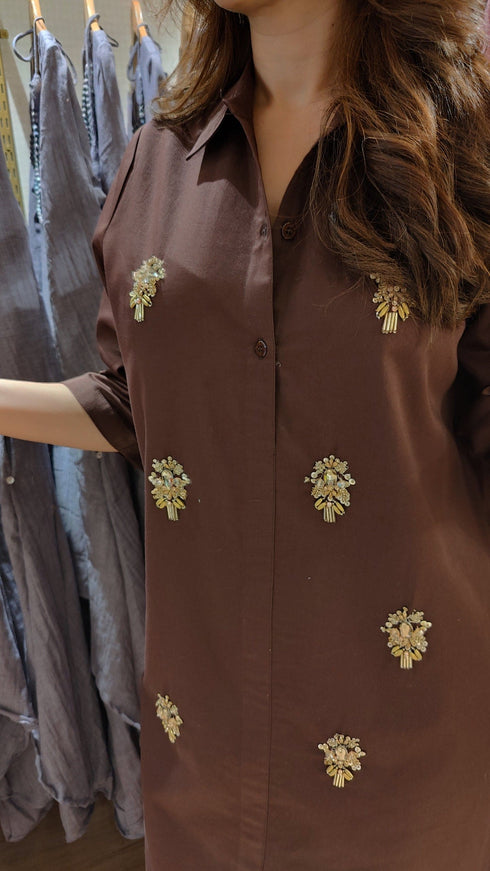 Hand Embellished Brown Shirt Dress With Net - view 4