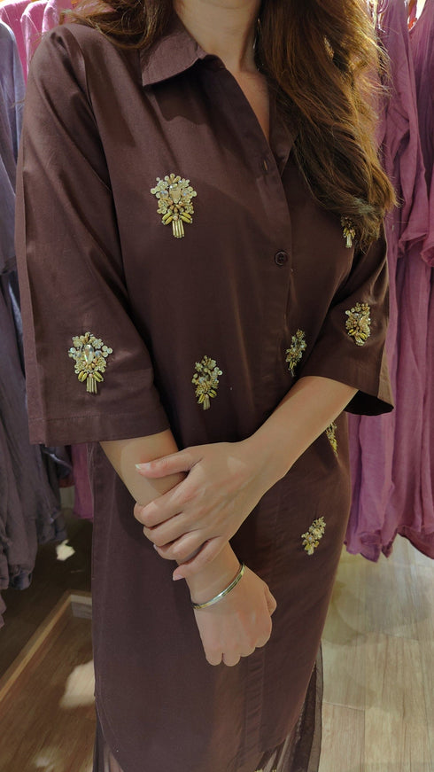 Hand Embellished Brown Shirt Dress With Net - view 6