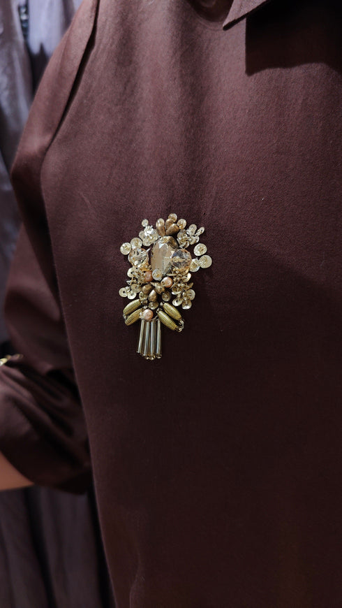 Hand Embellished Brown Shirt Dress With Net - view 7