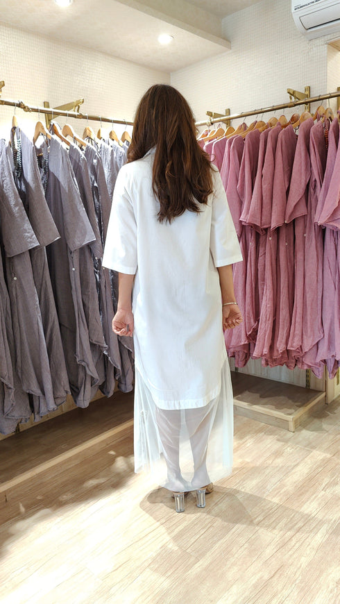 Hand Embellished White Shirt Dress With Net - view 6
