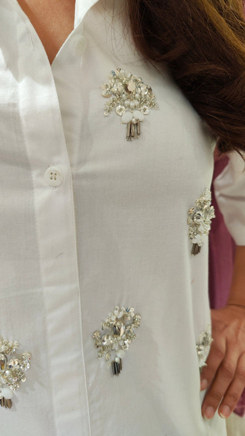 Hand Embellished White Shirt Dress With Net - view 8