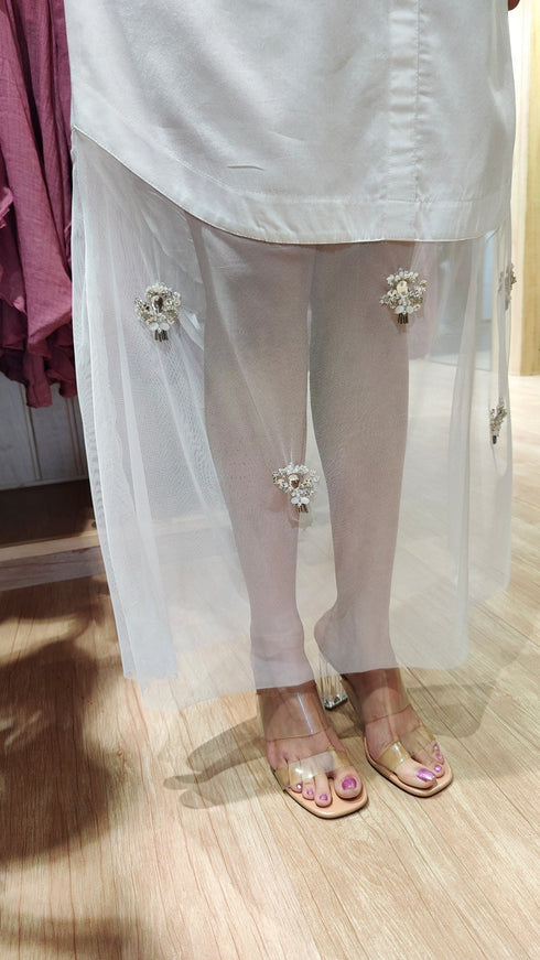 Hand Embellished White Shirt Dress With Net - view 9