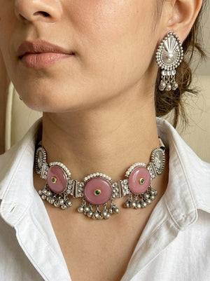 Oxidized Round Dark Pink Choker Set