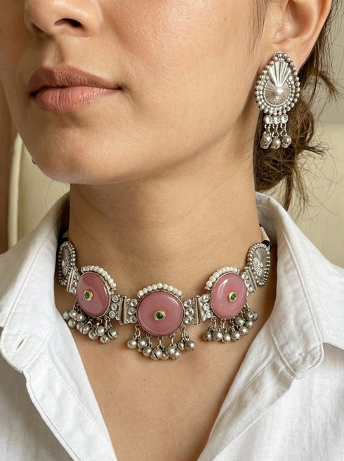 Oxidized Round Dark Pink Choker Set