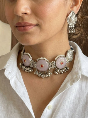 Oxidized Round Light Pink Choker Set