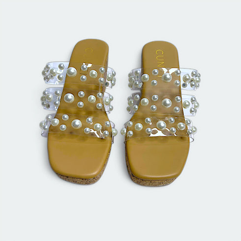 Clear Tan Pearl Wedges