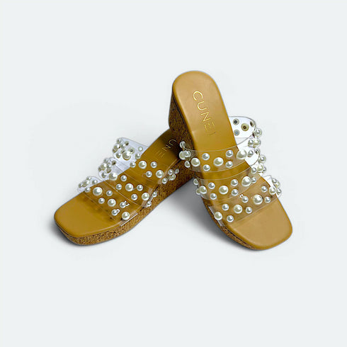 Clear Tan Pearl Wedges