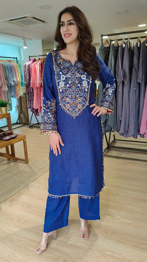 Indigo Blue Embroidered Kurta Set with Tassel