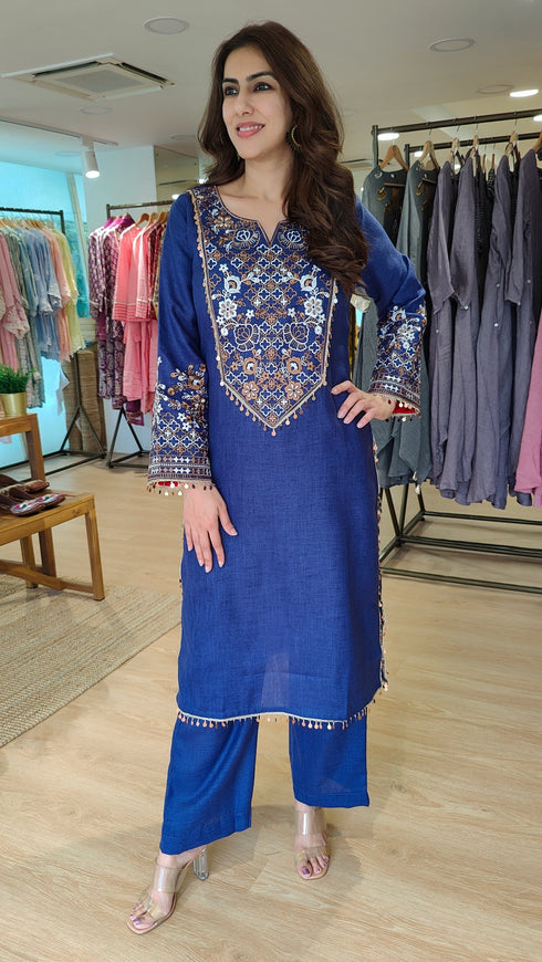 Indigo Blue Embroidered Kurta Set with Tassel