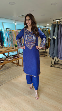 Indigo Blue Embroidered Kurta Set with Tassel - view 4
