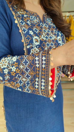 Indigo Blue Embroidered Kurta Set with Tassel - view 5
