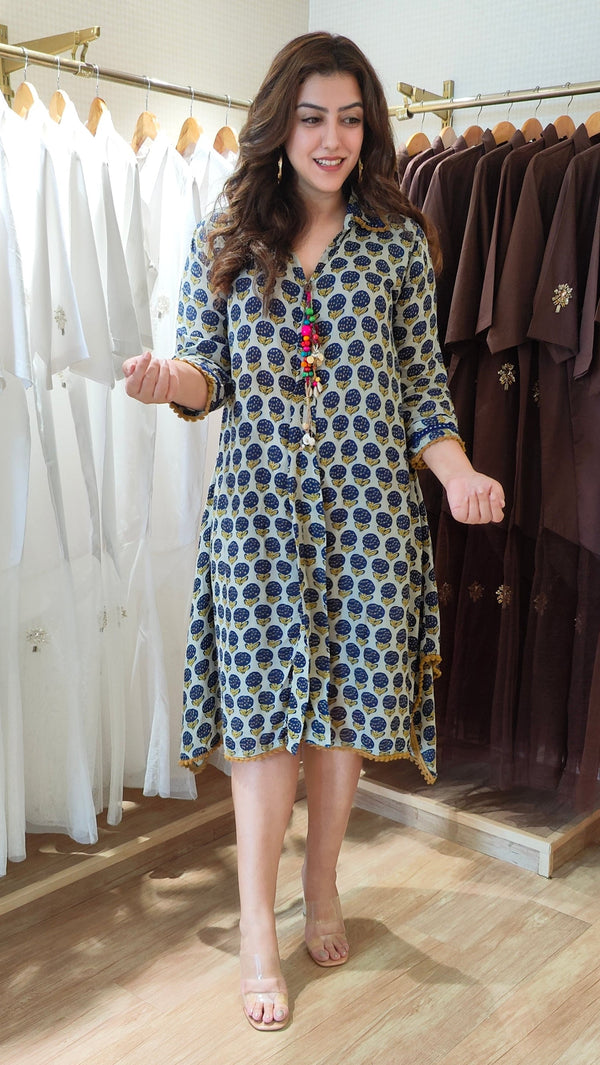 Indigo Blue Floral High Low Midi Dress