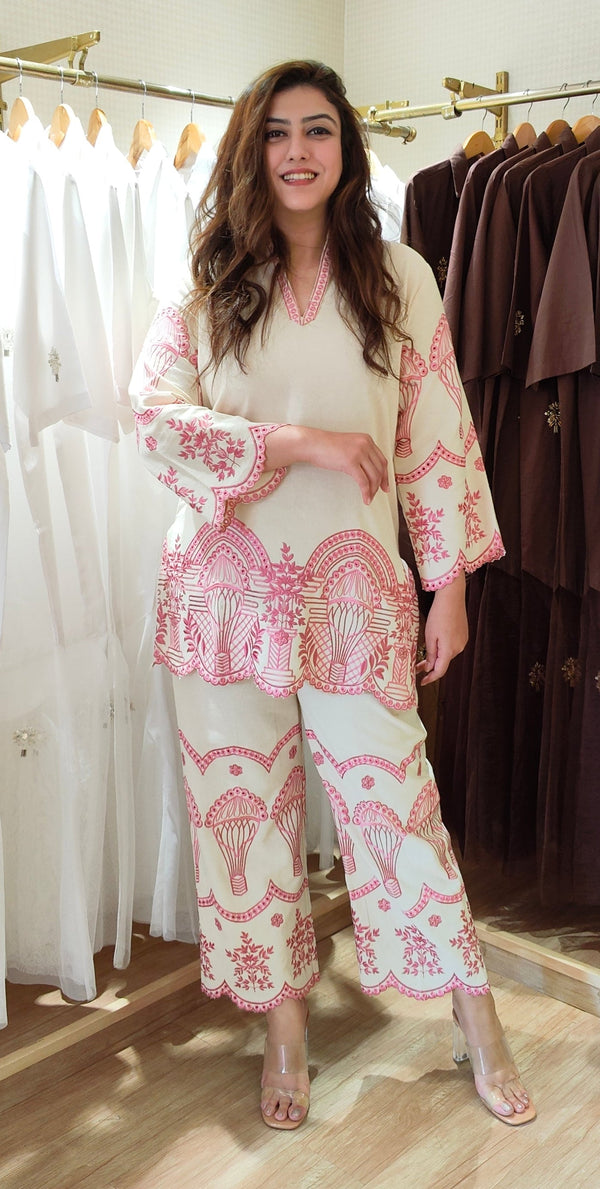 Ivory & Blush Pink Embroidered Cutwork Coord Set