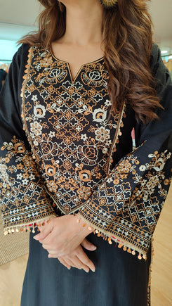 Jet Black Embroidered Kurta Set with Tassel - view 3
