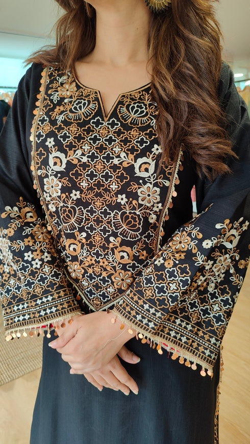Jet Black Embroidered Kurta Set with Tassel - view 3