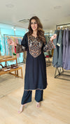 Jet Black Embroidered Kurta Set with Tassel - view 4