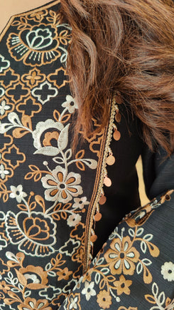 Jet Black Embroidered Kurta Set with Tassel - view 7