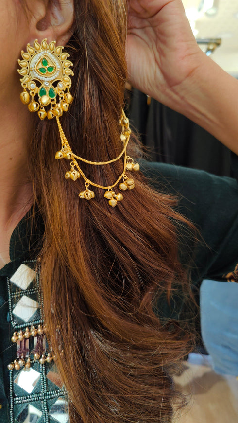 Kashmiri Style Golden Earrings with Ghungroo Ear Chain