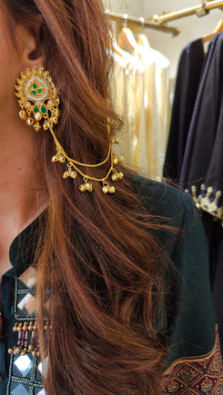 Kashmiri Style Golden Earrings with Ghungroo Ear Chain - view 2
